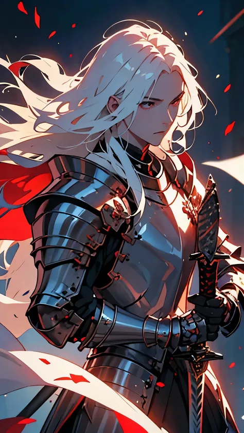 ((best quality)), ((masterpiece)), (detailed), perfect face, white skin, white hair, long hair, albino male, knight, black great sword, big sword, red armor, luxurious armor, fantasy, Fantastic light, world of swords and magic, detailed hands, Gloomy expre...