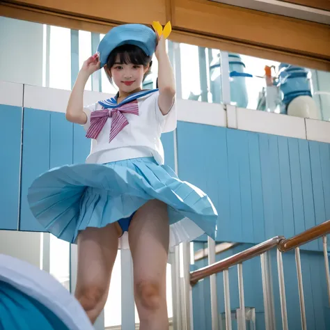 (tokyo disney resort dancer open thighs),make up,solo,Donald Duck style blue hat,(White and light blue horizontal striped panties),Blue Donald Duck style sailor short sleeves,White pleated skirt,Red ribbon tie,(shoot from below),