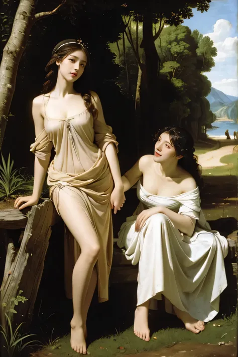 Giorgione painting style,Barbizon forest A beautiful woman in Greek dress smiles on the shore,Sweet and seductive appearance.、Caravaggios paintings、Chiaroscuro of Caravaggio、hair tousled by the wind,Two women frolicking,cute smile, expression of ecstasy,Se...