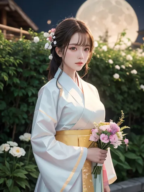 masterpiece, highest quality, expensive_solve, Highest Resolution:1.2, clear_image, Physically Based Octane Rendering, Detailed Background ,girl, hanbok,flower,garden,moon, night, Professional Photography.