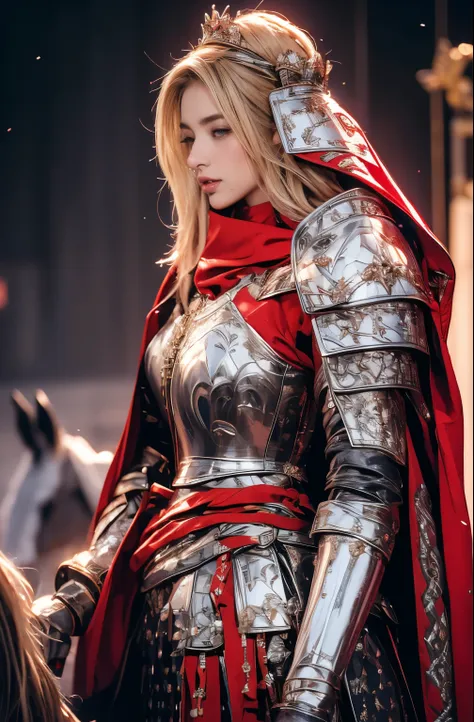 elegant armor,princess, full body, wearing a hijab , crown luxury , blue eye, blond hair, around 17 years old, (red silver hijab...