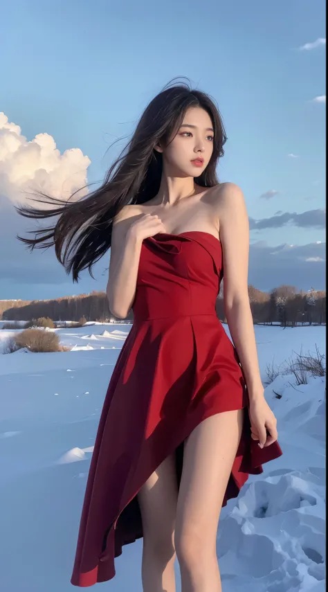 szsjk, ((cowboy shot)), ((Bare shoulder)), ((Short hemlines, sexy long legs)), realistic detailed photo of a giant breasted girl with exposed shoulders, detailed fingers, high quality skin, red eyes, alone in a winter scene with clouds, wind, and flowing h...