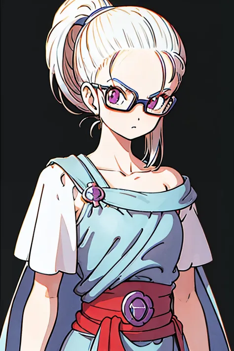 Plain white background, serious personality, wearing glasses, single female, ponytail, upper body, delicate, high quality, Dragon Quest wizard, looking at viewer, all visible, Off-the-shoulder clothing, Long Ponytail, Sexy Wizard