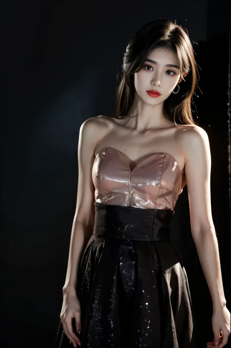 (High resolution,Practical) Long hair girl,skirt, Beautiful demon woman from hell, (in the darkness: 1.6), Very rich facial details，Red-black lips, Shoulder devil tattoo，rugged, Moderate: Detailed facial features, Determine the expression, Dark background