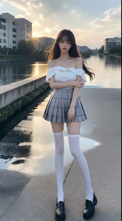 white thighhighs,loafers,black footwear,brown footwear,,mary janes,pleated skirt,plaid skirt,serafuku, ((cowboy shot)), ((Bare shoulder)), ((Short hemlines, sexy long legs)), realistic detailed photo of a giant breasted girl with exposed shoulders, detaile...