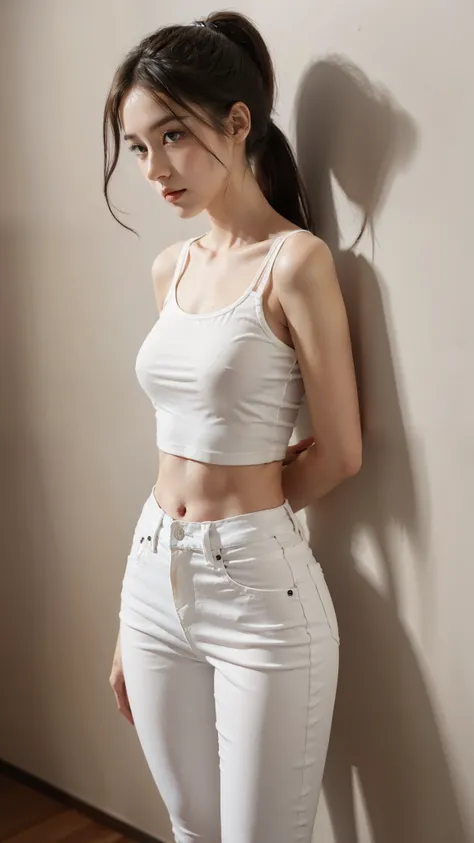 Girl in white and tight jeans posing for photo，Put your arms behind your back，Full Body Love，With a short T-shirt、bra，slim，Smaller bust，Slim girl model，24-year-old female model，long hair，Single ponytail