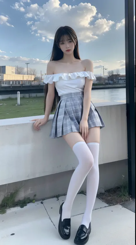 white thighhighs,loafers,black footwear,brown footwear,,mary janes,pleated skirt,plaid skirt,serafuku, ((cowboy shot)), ((Bare shoulder)), ((Short hemlines, sexy long legs)), realistic detailed photo of a giant breasted girl with exposed shoulders, detaile...