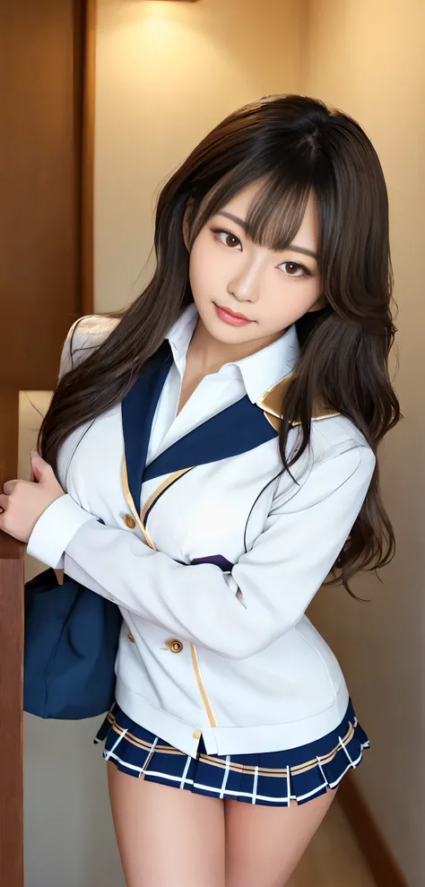 Japanese ID, Mature Woman, Wavy black hair with no bangs, Long Hair:1.65, Flashy makeup, Fuller lips, Sexy Gaze, very cute uniform, looking at the camera, Low angle shooting, Cute duck lips,((Very accurate and correct anatomy)), (masterpiece:1.45), Perfect...