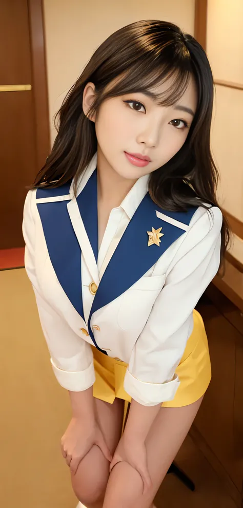 Japanese ID, Mature Woman, Wavy black hair with no bangs, Long Hair:1.65, Flashy makeup, Fuller lips, Sexy Gaze, very cute uniform, looking at the camera, Low angle shooting, Cute duck lips,((Very accurate and correct anatomy)), (masterpiece:1.45), Perfect...