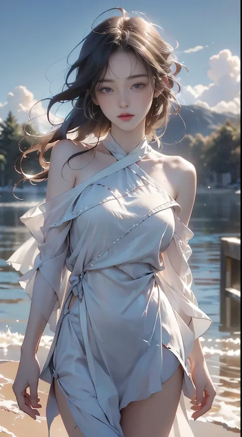 liuli2, ((cowboy shot)), ((Bare shoulder)), ((Short hemlines, sexy long legs)), realistic detailed photo of a giant breasted girl with exposed shoulders, detailed fingers, high quality skin, red eyes, alone in a winter scene with clouds, wind, and flowing ...