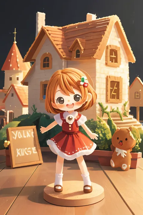 photorealistic、chibi girl doll（posing cheerfully in front of a gingerbread house、dynamic pose）