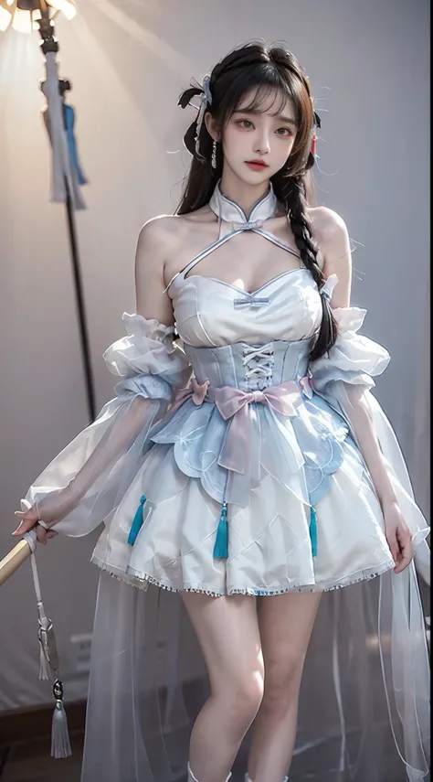 cyb dress, chinese clothes, detached collar, clothing cutout, wide sleeves, see-through sleeves, tassel, ((cowboy shot)), ((Bare shoulder)), ((Short hemlines, sexy long legs)), ((Elegant and charming posture, random view shots)), realistic detailed photo o...