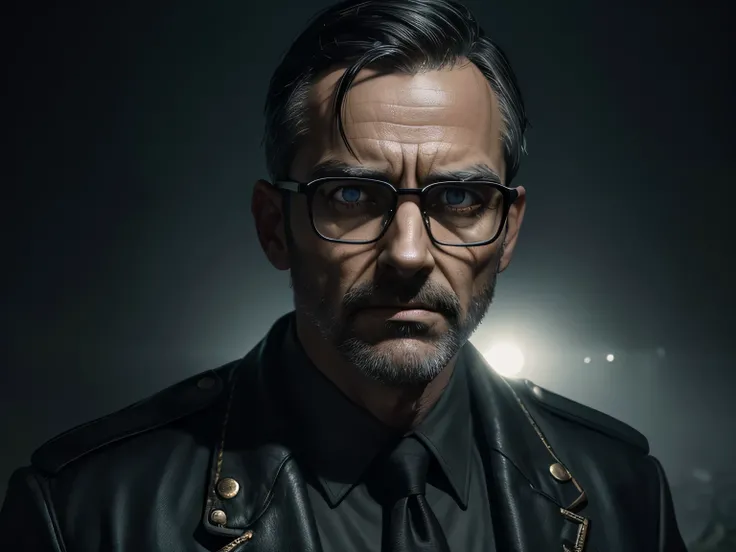 a 45 year old thin, creepy, boney, male police officer, with comb over hair, thick square glasses, crooked yellow teeth, hips lopsided, shining flashlight at viewer, dirt road, detailed face, extremely detailed eyes and face, high quality, photorealistic, ...