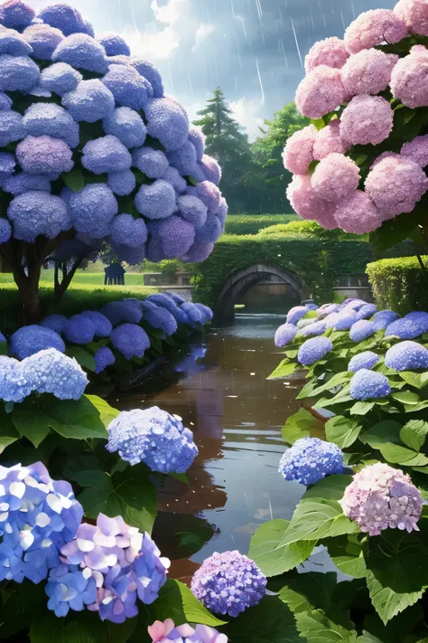 ((highest quality)), ((masterpiece)), (detailed),landscape,rain,Hydrangea,School zone,fantasy,water,flower,