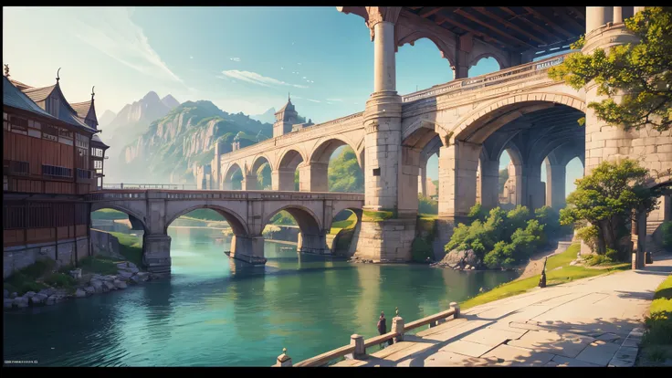 a view of a river with a bridge and a boat, High quality 8k detailed art, Highly detailed 4K digital art, ville chinoise de rêve, peinture fantastique réaliste, peinture mate fantastique，mignon, epic matte paint&#39;an island, paysage artistique fantastiqu...