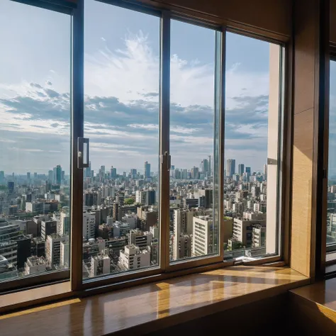 A window with a view of Tokyo&#39;s nightscape、High-rise apartment building、Stylish rooms、Bookshelf, Sofa and desk、Foliage plant、shinkai makoto