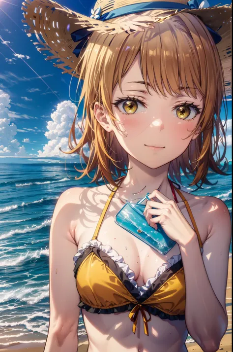 irohaisshiki, iroha isshiki, short hair, Brown Hair, (Brown eyes:1.5), smile,Yellow bikini swimsuit,Hibiscus hair accessory,barefoot,Big straw hat,Palm tree,Clear skies,whole bodyがイラストに入るように,Walking,
break outdoors, Beach,Sandy Beach,
break looking at view...