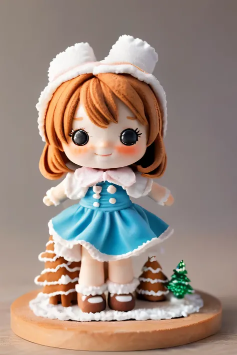 Photorealistic、Chibi Girl Doll（Posing cheerfully in front of a gingerbread house、Dynamic Pose）