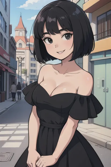 one-girl，medium breasts，cleavage，looking at viewers，portrait, short black hair，bob cut, black eyes, strapless, Red and Black dress, Off-the-shoulder attire，City streets, smile, sunny day, 2D illustration,