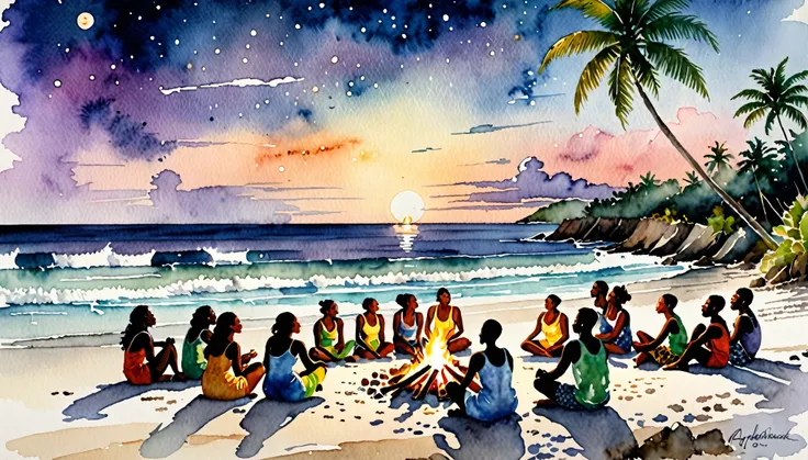 Scene: Visualize a moonlit beach where a group of Jamaican people gather around a bonfire, their silhouettes moving rhythmically to the beat of drums. The drumbeats resonate with the pulse of the earth, creating a harmonious blend of sound and spirit. Each...