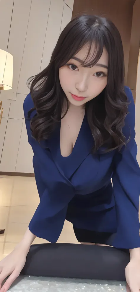 ((high resolution, 最high resolution, 8k, RAW images))Japanese ID, Mature Woman, Wavy black hair with no bangs, Long Hair:1.65, Flashy makeup, Fuller lips, Sexy Gaze, Cute hotel woman uniform, looking at the camera, Low angle shooting, Cute duck lips,((Very...