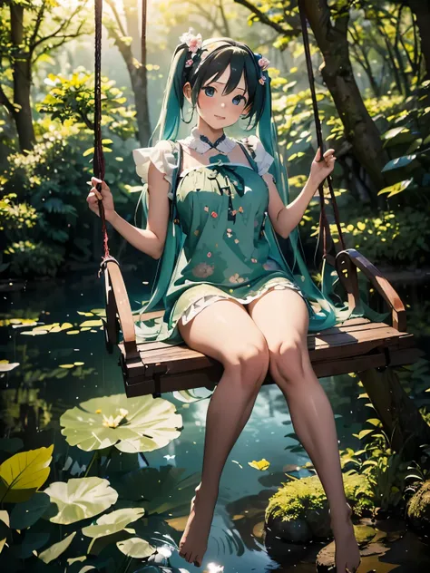 (masterpiece、highest quality、highest quality、Official Art、Beautiful and beautiful:1.2)、(One girl:1.3)Hatsune Miku、Twin tails,Beautiful breasts,Full body photo of a beautiful 25 year old girl playing on a swing hanging from a tree in the forest, Wearing a s...