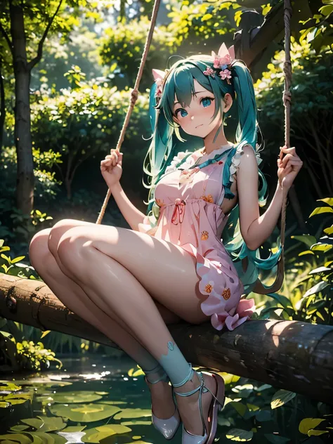 (masterpiece、highest quality、highest quality、Official Art、Beautiful and beautiful:1.2)、(One girl:1.3)Hatsune Miku、Twin tails,Beautiful breasts,Full body photo of a beautiful 25 year old girl playing on a swing hanging from a tree in the forest, Wearing a s...