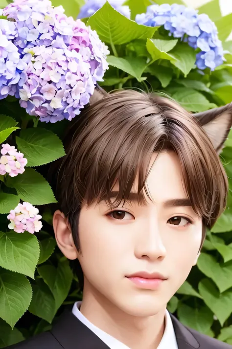 １male、、highest quality、masterpiece、8k、dog ears、realistic skin、(head shot:1.45)、hydrangea background