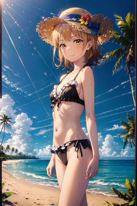 irohaisshiki, iroha isshiki, short hair, Brown Hair, (Brown eyes:1.5), smile,Yellow bikini swimsuit,Hibiscus hair accessory,barefoot,Big straw hat,Palm tree,Clear skies,whole bodyがイラストに入るように,Walking,
break outdoors, Beach,Sandy Beach,
break looking at view...