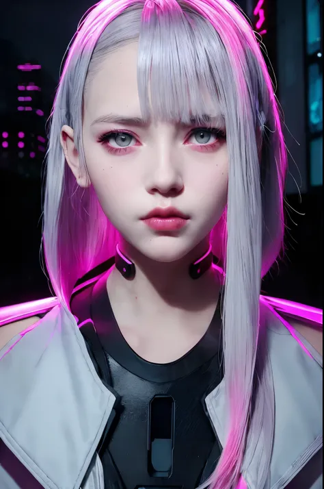 lucy (cyberpunk), 1girl,  hair scrunchie, hime cut, silver hair, colored tips, full moon, grey eyes, jacket, long sleeves, looking at viewer, medium hair, multicolored hair, parted bangs, parted lips, pink hair, portrait, red eyeliner, red lips, solo, whit...