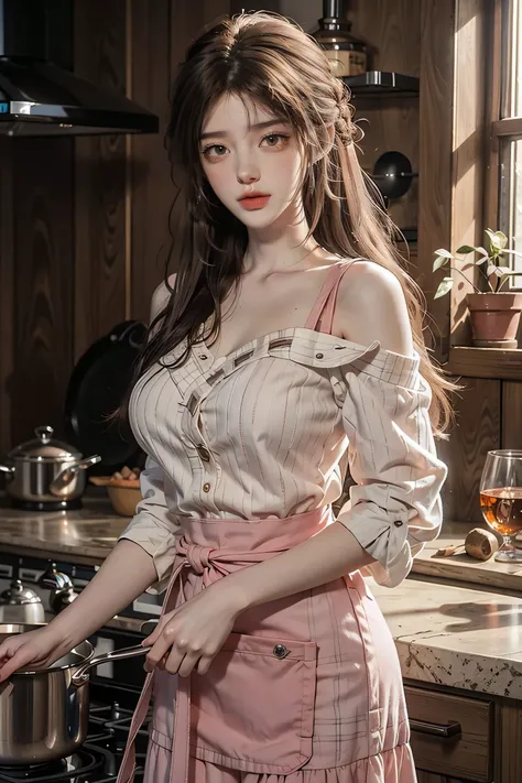 a sun ayuuki, a sun a yuuki, long hair, brown hair, (brown eyes:1.8),blush,smile,open your mouth, big breasts,white off shoulder sweater,bare shoulders,red,long skirt,Pink apron,Cooking in the kitchen、cook stew in a large pot,evening,sunset,
break indoors,...