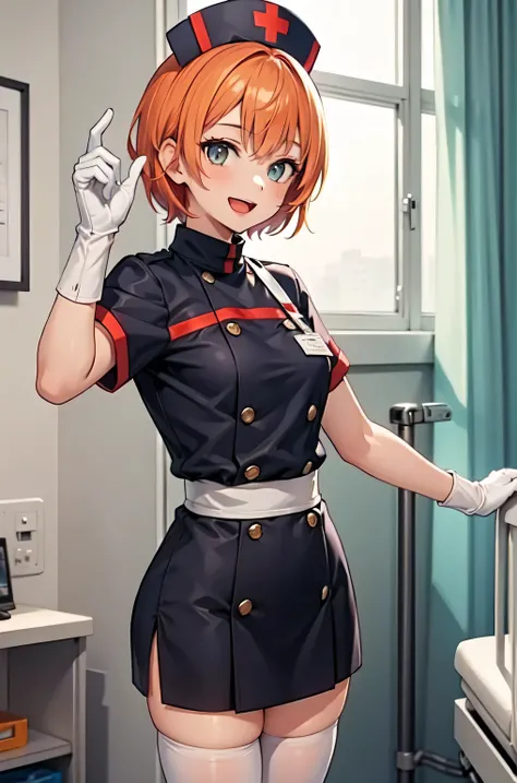 1girl, solo, nurse, nurse cap, white nurse uniform, ((white legwear, zettai ryouiki)), white gloves, very short hair, orange hair, smile, open mouth, standing, ((hospital room)), sharp outline, short sleeves, tomboy, boyish, best quality, masterpiece