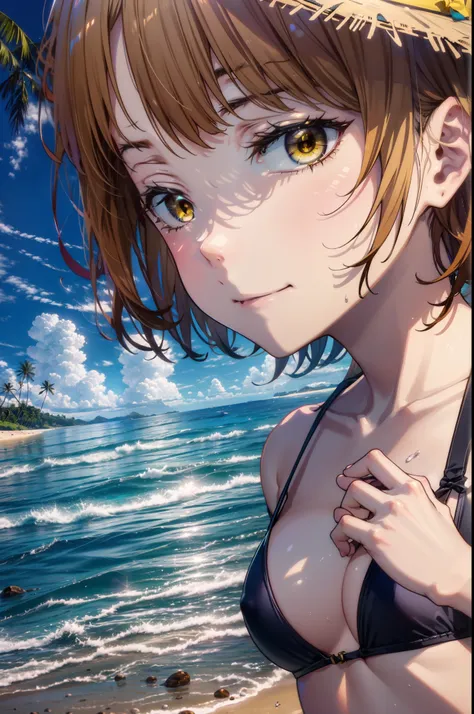 irohaisshiki, iroha isshiki, short hair, Brown Hair, (Brown eyes:1.5), smile,Yellow bikini swimsuit,Hibiscus hair accessory,barefoot,Big straw hat,Palm tree,Clear skies,whole bodyがイラストに入るように,Walking,
break outdoors, Beach,Sandy Beach,
break looking at view...