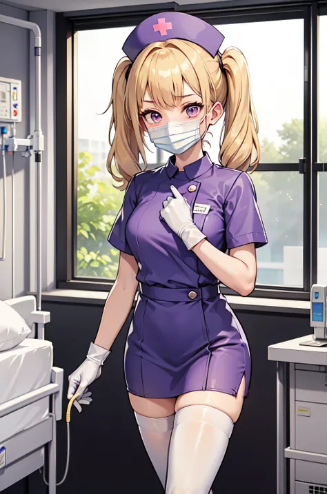 1girl, solo, nurse, nurse cap, white nurse uniform, ((white legwear, zettai ryouiki)), white gloves, twintails, yellow hair, purple eyes, ((white surgical mask, covered nose)), standing, ((hospital room)), sharp outline, short sleeves, best quality, master...