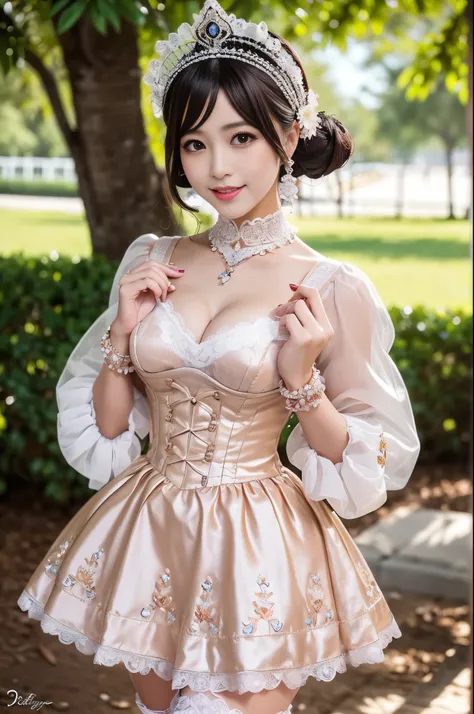 (nsfw), sexy stylish Thai princess, only 1 female, ((doll-like appearance)), short Mahogany stylish hair, ((shiny Victorian-Style boots)), (big smile), ultra detailed eyes, vivid makeup, lip-gloss, long lashes, defined eyebrows, ((sexy Paradise Kiss cospla...