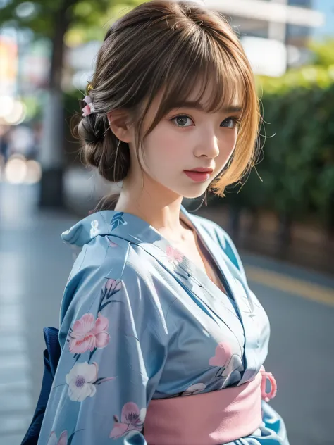 19 years old child, (wearing a light blue yukata:1.2), (The yukata has pink flower-patterns on it:1.2), big round breast, ((updo hairstyle, Dark blonde hair, wavy hair, long hair, asymmetric bangs:1.2)), (happy:1.3), (blush:1.3), (photorealistic:1.2), (ult...