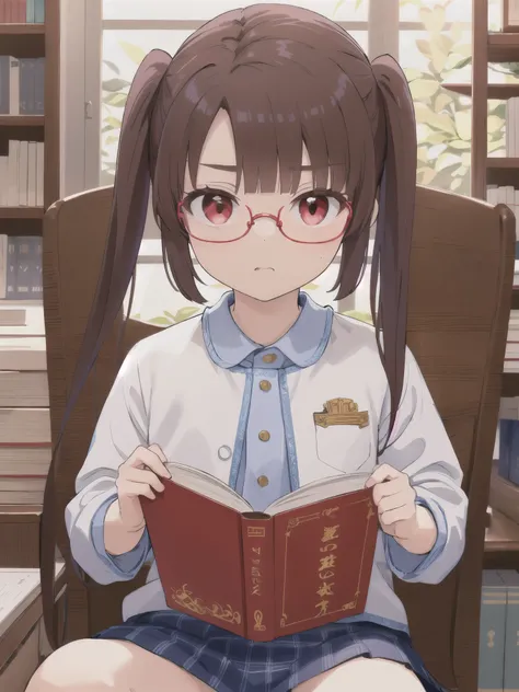 highest quality,masterpiece,indoor,library,Red eyes,Wearing red glasses,Reading a book, Twin tails, Brown Hair, bangs, , Eyebrows visible through hair,Sitting in a chair