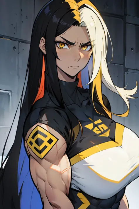 ((two-toned hair)) extremely long hair pale skin girl black hair yellow eyes solo ((muscular toned body)) huge breasts sad frown