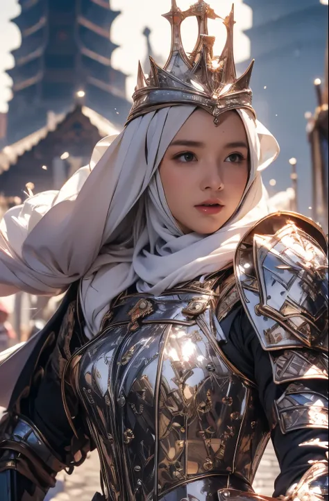 elegant armor,princess, full body, wearing a hijab , crown luxury , blue eye, blond hair, around 17 years old, (red silver hijab...