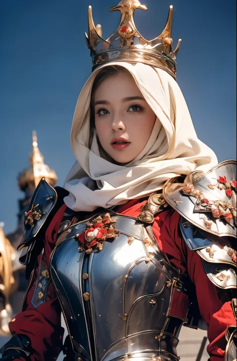 Elegant armor,princess, Full body, wearing a hijab , crown luxury , blue eye, blond hair, around 17 years old, (red silver hijab), tmasterpiece，Best quality at best，A high resolution，8K，((Portrait))，(upper body)，Original photo，real photograph，digital photo...