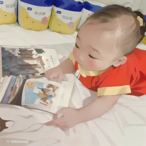 there is a baby that is read a book on the bed, Read new books, coloring book, read a book, High-resolution scanning, High-resolution scanning, Shot with iPhone, emphasize, traditional Chinese, looks cute, Try reading, Chinese Cultural Heritage, Shot with ...