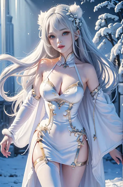 ((masterpiece:1.5,highest quality,Highly detailed images,Beautiful images、Realistic、Photorealistic、2.5D))(1girl, solo)(medium breasts, white hair, aqua eyes)(Lolita Costume、Cape、Fur coat、Snow Field)(Beautiful, shining hair, floating hair)(heavy snow、dead t...