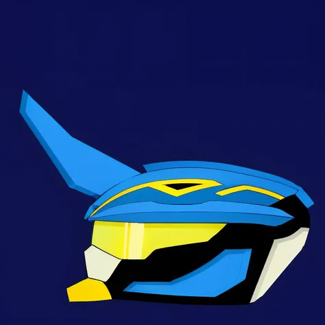 a close up of a blue and yellow helmet with a blue background, glowing eyes in helmet, with neon visor, beautiful blue armet helmet, shovel knight as daft punk, lightning helmet, with futuristic gear and helmet, detailed helmet, glowing visor, point of vie...