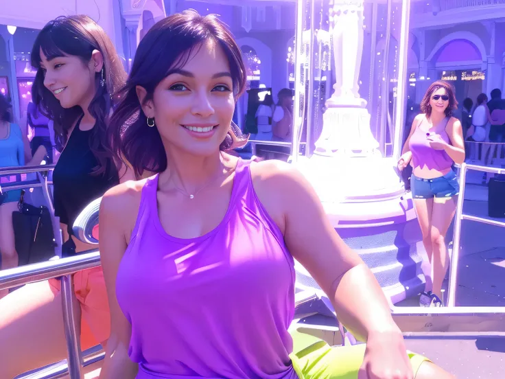 Smiling woman in a lime green purple short top in front of a carousel, at Universal Studios Orlando and, at a Starback bar, in Orlando USA, profile image, USA-September 16, having fun, taken in early 2016, if having a great time, 45 year old woman.

The wo...