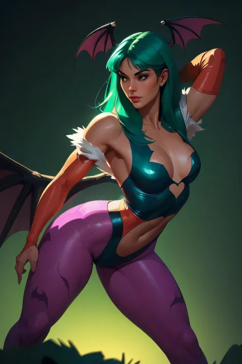 Realistic oil paint portrait of Morrigan Aensland, moonlight, hot Body, ((Dynamic pose)) , soft smile, long green hair black costume , (((Bat wings))) , Hot body, athletic, (purple legs) , detailed skin Textures, intricate, detailed face, hyperrealistic, r...