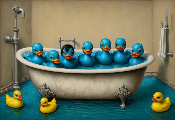 Painting in the style of the artist Santiago Caruso, Gothic, surrealism, bathroom with blue soapy water and rubber ducks in the bathtub, bright Gothic, 2 bright rubber ducks floating in the bathtub, full compliance with the style of Santiago Caruso, inspir...