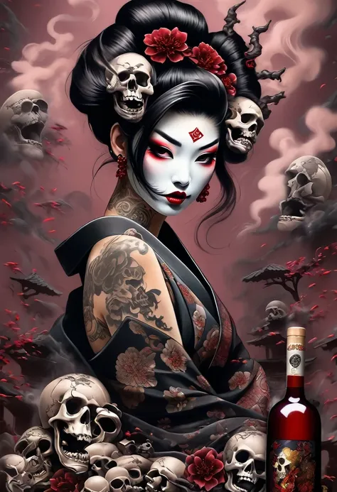 《avareza》，bad geisha girl and lots of skulls。black smoke，diamond，avareza，tattoo，wine bottle，chaos，life is varied，the devil&#39;s...