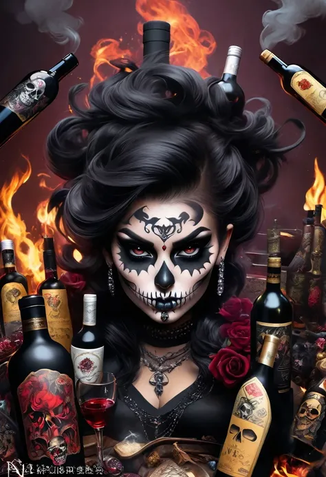 《Avareza》,Bad Girls and Lots of Skulls。Black smoke,diamond,Avareza,Tattoo,Wine Bottle,chaos,Life is varied,The devil's eyes are deep and burning with fire,The body is shrouded in a dark atmosphere。Their faces may be smiling,Maybe there is a deep sadnes...