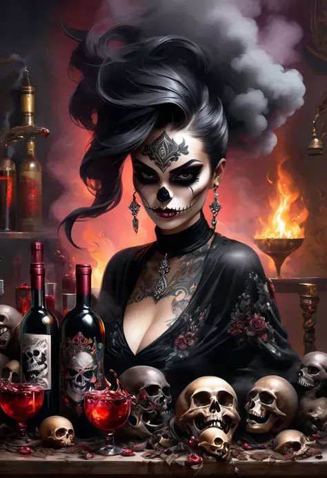 《Avareza》，Bad women and lots of skulls。Black smoke，diamond，Avareza，Tattoo，Wine Bottle，chaos，Life is varied，The devil&#39;s eyes are deep and burning with fire，The body is shrouded in a dark atmosphere。Their faces may be smiling，Maybe there is a deep sadnes...