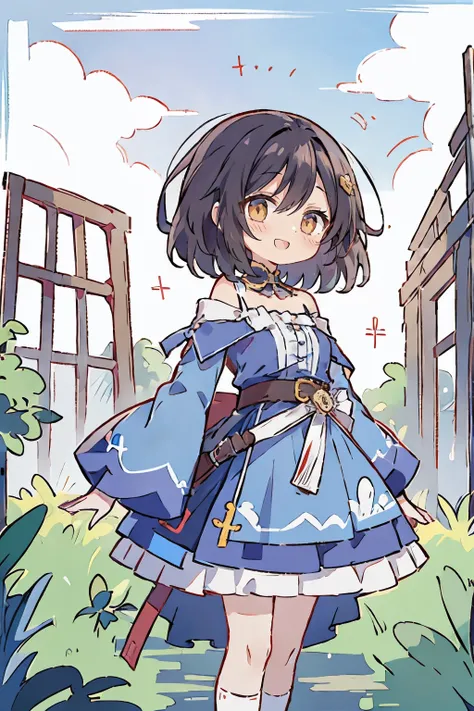 Hui Xiyi, Rekkyo Sensen, fantasy world, ruins, fort, beautiful sky, shining sky, sunshine, camisoles, belts, blue clothes, cross choker, wind blowing dress, lace dress, off-shoulder sleeves, white knee socks